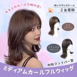 RERACO Wig, Semi-Long, Natural, Dark Brown, Black, Curly Hair, Wavy, Long, Full Wig, Women's Wig, Heat Resistant, Splashing, Layered (Mocha Brown)