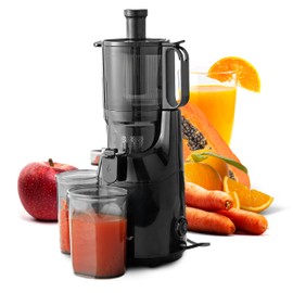 Elite Gourmet EJX320 Big Mouth Whole Fruit 5.2” Self-Feeding Chute, Cold Press Masticating Slow Juice Extractor, Hands-Free, Less Prep, Easy to Clean, Impact Resistant BPA Free Tritan, Black