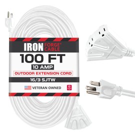 Iron Forge Cable 100ft White Outdoor Extension Cord with 3 Outlets - 16/3 SJTW 100ft Extension Cord 3 Prong, 10 Amp All-Weather Heavy Duty Power Cable