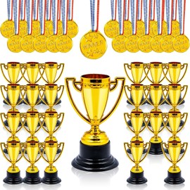 48-Piece Trophy Medals Set, 24 Sports Festival Gold Medals & 24 Mini Trophies for Children's Birthday, School Games, Football, Celebrations, Children's Party Bags & Prize