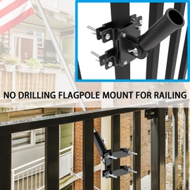 No Drilling Flag Pole holder for Railing, Flag Pole Mount Adjustable for Porch & Fence Rail, Apartment Balcony, Flag Pole Holder with Silicone Pads, Two Installation Methods for 1” Flagpole（black)