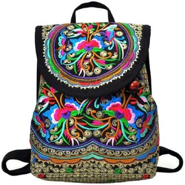 Linian Women's Daypack Backpack Vintage Canvas Backpack with Flowers