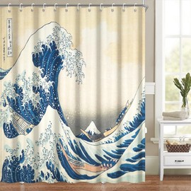 Heevnttiy 72x72 Inch Japanese Anime Shower Curtain for Bathroom The Great Wave of Kanagawa Modern Blue Ink Painting Bathroom Set Decorations Watercolor Waterproof Polyester Fabric with Hooks