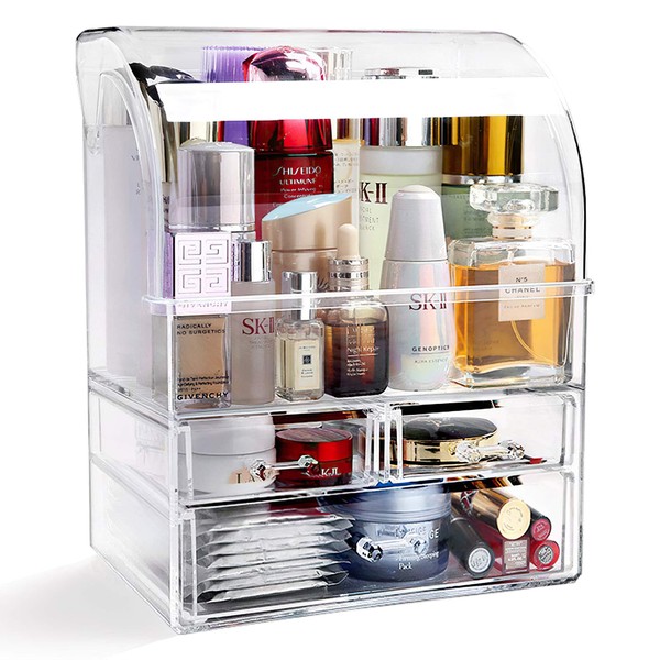 Large Acrylic Makeup Organizer With Lid Portable Dustproof And Waterproof Cosmetic Storage Drawers Box For Women (Clear, 12.5in x 9.5in x 6.3in)