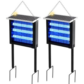 Qualirey 2 Pcs Solar Bug Zapper Outdoor Waterproof Mosquito Zapper with 3000v High Powered Rechargeable Electric Mosquito Killer with Grounding Bracket Fly Insect Trap for Patio Garden