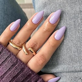 SXVME Uñas Postizas Almendradas Color Lila Claro - Uñas Acrílicas De Presión Estilo Estilete Medio, Uñas Postizas Opacas Color Lavanda Sólido Con Pega