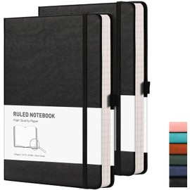 RETTACY RETTACY Notizbuch A5 Hardcover, liniert, 2er Pack - Dickes Journal mit 376 nummerierten Seiten, 100g/m² Papier, 8 perforierten Blättern, Stiftschlaufe, Innentasche - Schwarz Schwarz