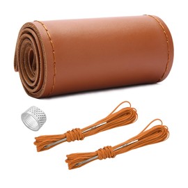 Ziciner Genuine Leather Steering Wheel Cover, Stitch on Wrap, Breathable Anti-Slip Car Steering Wheel Protector for Max Diameter 15 Inch, DIY Sewing with Needle Thread (Brown, Glossy)