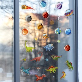WALPLUS Gel Clings Removable Reusable for Kids Toddlers Classroom Nursery Window Display Dinosaurs And Solar System 28 pieces