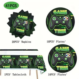 41 Game theme party supplies, including 1 tablecloth, 20 napkins, 20 plates, Game theme birthday party decoration supplies.