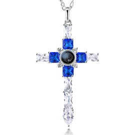 VISILOVE Cross Necklace with Lord' s Prayer and Praying Hands Pendant (Sapphire Blue Brilliant)
