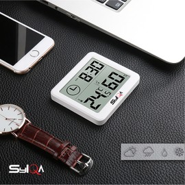 SYLQA Room Thermometer with Clock - Smart Mini Thermometer & Hygrometer -Digital Room Humidity and Temperature Monitor with Easy-to-Read Display - Perfect for Home, Office, Nursery, Greenhouse