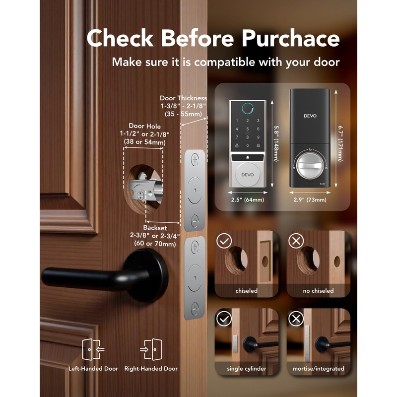 Devo G3 Door Lock for Front Door, 6 in 1