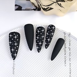 JUSTOTRY Pack of 24 Stiletto Nails for Sticking, Long with Stars, Black French Artificial Nails, Gothic Almond Artificial Nails, Press On Nails, Pretty Fingernails, Fake Nails for Women