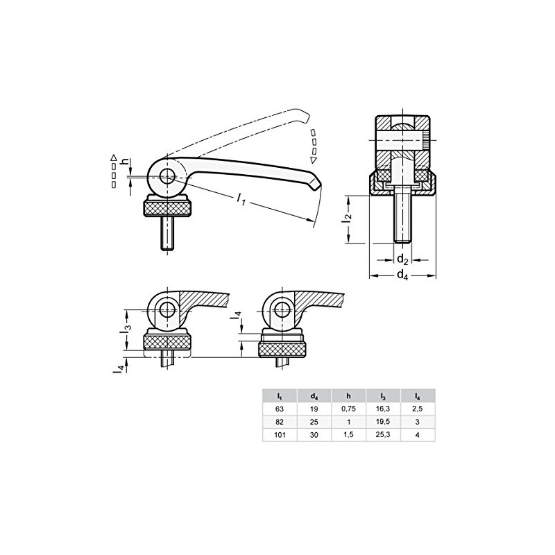 Ganter Normelemente Eccentric clamp with screw, 927-63-M6-20-A-B, handle length l1: