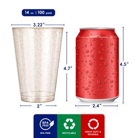 JOLLY CHEF 100 Pack 14 oz Gold Plastic Cups, Disposable Gold Glitter Plastic Cups, Clear Plastic Cups Tumblers, Wedding Cups Party Cups,Ideal for Halloween,Thanksgiving,Christmas