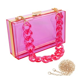 WJCD Women Clear Purse Acrylic Box Clutch Handbag, Small Transparent Crossbody Evening Bag Stadium Approved Gold Chain Strap (Purple 2 chains)