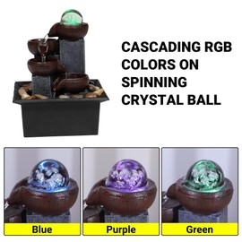 Water Fountains Indoor-Waterfall-Tabletop Fountain-Desk Fountain with Rainbow Colors LED Lighting from Spinning Crystal Ball-Relaxing Waterfall n River Rocks for Natural Feng Shui Effect