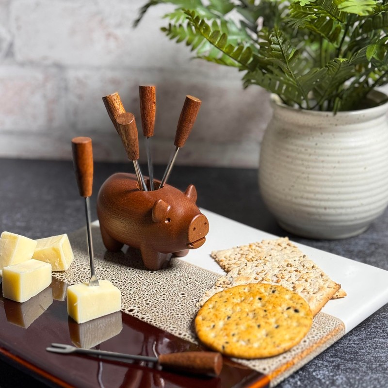 The Barrington Garage Wooden Pig-Shaped Appetizer Fork Set, 6 Stainless