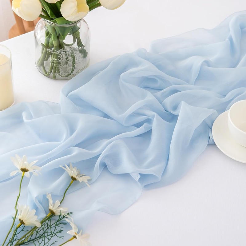 Chuqing Chiffon Table Runner, Light Blue, Decorative Table Runner, Table
