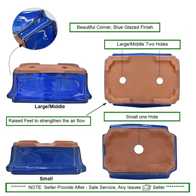 MUZHI 3 Pack Ceramic Rectangular Bonsai Tree Planter Pot Set