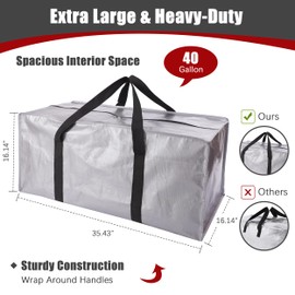 Extra Large Moving Bags with Zippers & Carrying Handles, Heavy-Duty Storage Tote for Space Saving Moving Storage, Fold Flat, Alternative to Box and Bin - 8 Pack, 40 Gal, Silver