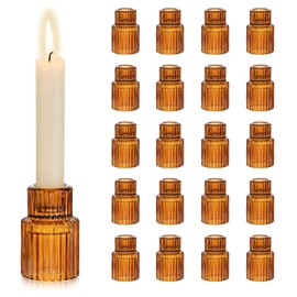 Hewory Glass Taper Candle Holders: 20 PCS Amber Elegant Candle Holder Candlestick Holders Bulk, Ribbed Glass Candle Holder Candle Sticks Holder Decor for Table Centerpiece Fall Thanksgiving Home Decor