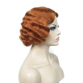 Lydell Vintage Short Curly Finger Wavy Flapper Wigs Hairpiece for Women Girls with 2 Free Wig Caps Copper Red