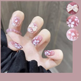 24 Piece Set Nail Tips, Ribbon Japanese Pattern Nails, Girly Nails