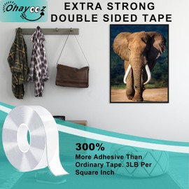 Ohayooz® Extra Strong Double Sided Tape Heavy Duty Removable 30FT, Clear Sticky Adhesive Nano Tape Tough Washable Waterproof Mounting Tape for Hanging Picture, Poster, Carpet, Photo Deco, Pack of 3