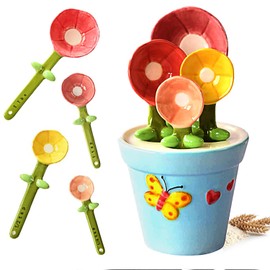 Sirensky Flower Measuring Spoons Set in Pot,Cute Ceramic Measuring Spoons with Base,Porcelain Flower Small Spoons with Holder for Home and Kitchen (Flower Shape)