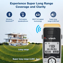 VTech IS8151-4 Super Long Range 4 Handset Cordless Phone for Home with Answering Machine, 2300 ft Range, Call Blocking, Bluetooth, Headset Jack, Power Backup, Expandable to 12 HS, Silver/Black