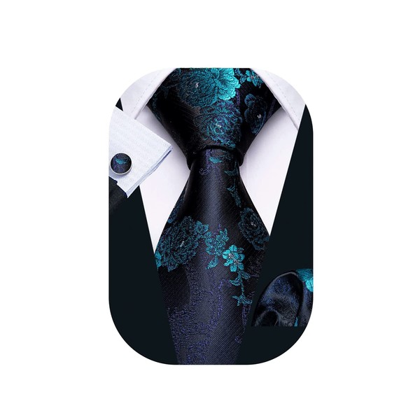 Barry.Wang Corbatas de flores para hombre, conjunto de gemelos de pañuelo, corbata de boda, fiesta, azul, verde azulado, (Dark Blue Teal), Talla única