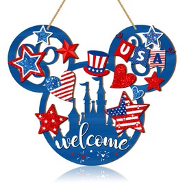 4th of July Door Sign Mouse Shaped Decorations, Patriotic Stars USA Wooden Signs, American Flag Welcome Hollow Out Wood Hanging Sign for Front Door Decor, Independence Day Party Home Wall Decor