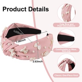 Uintoon Pink Headband Bow Pearl Knotted Headbands for Women Girls Cute Fashion Wide Headbands for Women Non Slip Hairbands Head Bands for Women's Hair Bow Hair Accessories