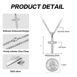 murtoo 925 Sterling Silver Cross Necklce for Men, Cross Pendant Necklace with Stainless Steel Curb Chain Wheat Chain Twisted Rope Chain, Silver Cross Chain Necklace for Men Women (Figaro Chain, 24")