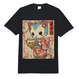Vintage Kimono Cat Drinking Bubble Tea Comfort Colors Adult Heavyweight T-Shirt