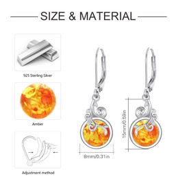 MEDWISE Amber Leverback Earrings S925 Sterling Silver Vine 8mm Amber Dangle Earrings Amber Jewelry Hypoallergenic Earrings for Women Wife Friend Daughter Christmas Birthday Gift