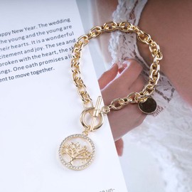 Zeshimb Chunky Chain Bracelet Gold Link Chain Toggle Bracelet Rhinestone Disc Charm OT Clasp Bracelet Vintage Coin Pendant Toggle Clasp Bracelet Jewelry for Women (Gold Tree)