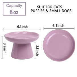 Wide Shallow 6.1" Raised Cat Bowls, Ceramic Elevated Food Plate for Flat Faced Cats and Small Dogs, Porcelain Feeder Bowl, Stress Free, Protect Cat’s Spine, Lavender