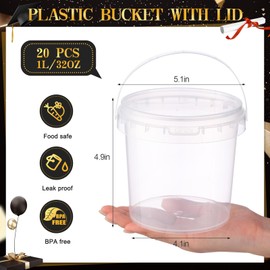 PerKoop 20 Pcs 32 oz Ice Cream Buckets with Lids and Handles Clear Cocktail Rum Buckets for Drinks with 200 Grad Stickers Plastic Transparent Tub Reusable Food Storage Containers for Parties