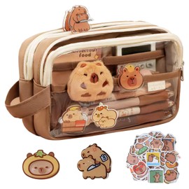 ROBOHOOK Cute Capybara Pencil Case,Capybara Stationery Comes with 10 Stickers+2 Brooches+Doll*1 Suitable for Storing Stationery 9-Layer Large-Capacity Storage Bag (Brown)
