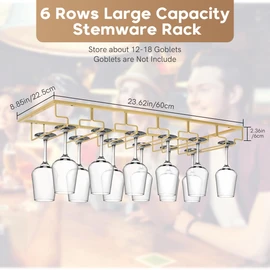 Xverycan Wine Glass Rack Under Cabinet, 6 Row Extreme Large Stemware Hanger, Metal Wine Goblet Holder, DIY Bar Glass Storage Rack for Bar Counter, Kitchen, Screws Included (Gold)