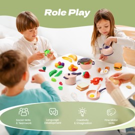 CUTE STONE 51-Piece Mini Play Kitchen Accessories for Kids, Pretend Cooking Playset with Pots, Pans, Utensils, Cutting Fun Fruits & Veggies, Learning Gift for Toddlers, Girls & Boys