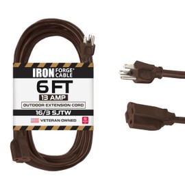Iron Forge Cable Brown Outdoor Extension Cord 6 ft, 16/3 SJTW 6 Foot Dark Brown Exterior Extension Cord 3 Prong, Weatherproof 13 Amp Heavy Duty Brown Power Cable for Outside, Deck, Landscaping & Lawn
