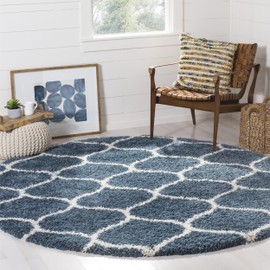 Safavieh Hudson Shag Collection SGH280L Moroccan Ogee 2-inch Thick Area Rug, 7' Round, Slate Blue/Ivory