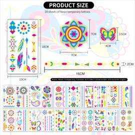SUGERU® 20 large sheets neon face tattoo (176 patterns), glitter neon party outfit, colour tattoo face, black light make-up, UV body & face painting tattoo stickers, natural soy ink