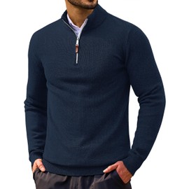 Cotrasen Sweaters for Men Quarter Zip Pullover Business Casual Long Sleeve Mock Neck Polo Dress Sweater Knit Sweatshirt Navy Blue 2XL