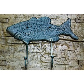 Cast Iron Fish Towel, Coat Hooks, Hat Hook, Key Rack Fishing Green - Durable Decorative Vintage Decor