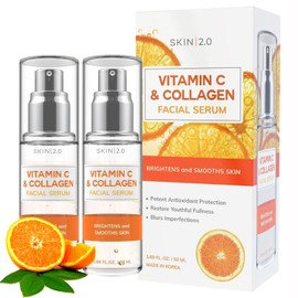 Skin 2.0 Skin 2.0 Vitamin C Serum with Collagen - Anti-Aging & Dark Spot Remover - Dermatologist Tested Korean Skincare for Brightening & Acne - Clean Beauty, Cruelty-Free, All Skin Types - 1.69oz (2-Pack)